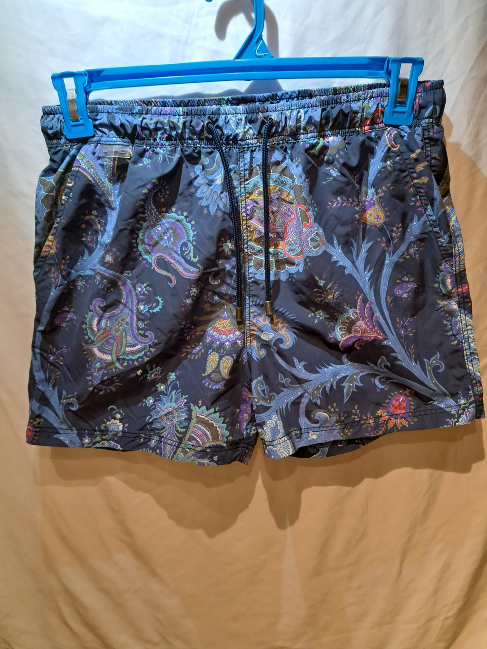 Etro Navy Paisley-Print Swim Trunks with Multicolor Accents